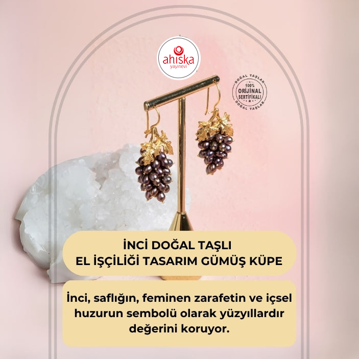 Sertifikalı İnci Doğal Taşlı El İşçiliği Tasarım Gümüş Küpe - 2