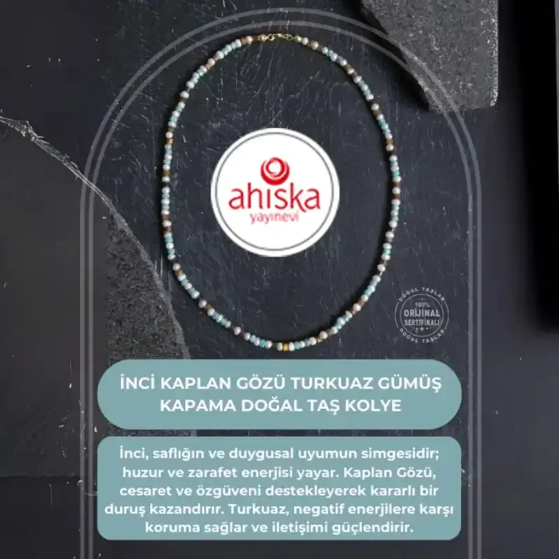 Sertifikalı İnci Kaplan Gözü Turkuaz Gümüş Kapama Doğal Taş Kolye - 2