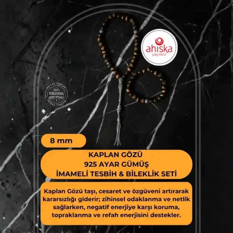Sertifikalı Kaplan Gözü 925 Ayar Gümüş 8 mm İmameli Tesbih & Bileklik Seti - 2