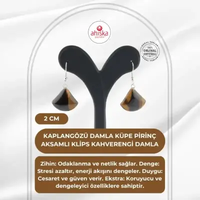 Sertifikalı Kaplangözü Damla Küpe - 2cm Pirinç Aksamlı Klips Kahverengi Damla - 1