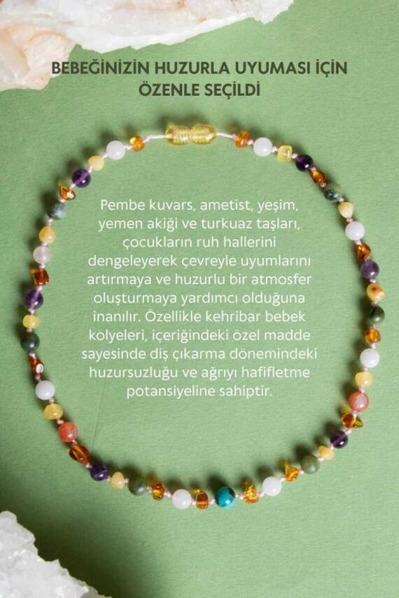 Sertifikalı Kehribar-yeşim-ametist-hakiki Yemen Akik-hakiki Turkuaz- Pembe Kuvars bebek Kolyesi M204 - 1