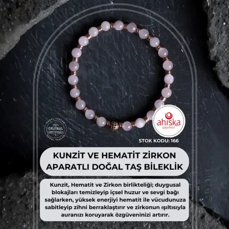 Sertifikalı Kunzit, Hematit Zirkon Aparatlı Doğal Taş Bileklik (SK166) - 2