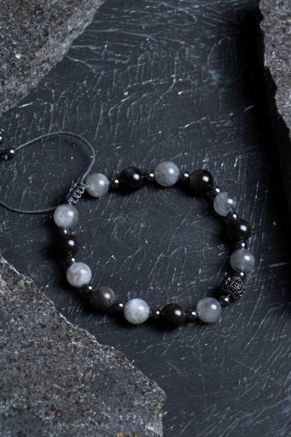 Sertifikalı Labradorit, Obsidyen, Hematit Doğal Taş Makrome Bileklik - 1
