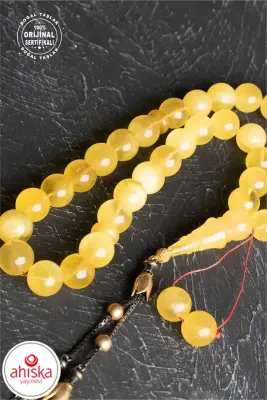 Sertifikalı Lale Motifli 10 mm Küre Kesim Gold Kaplama Gümüş Kehribar Tesbih - 52,90 gr - Doğal Taş (1)