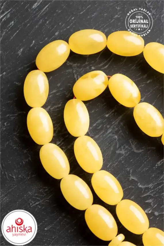 Sertifikalı Lale Motifli 9-12 mm Kapsül Kesim Gold Kaplama Gümüş Kehribar Tesbih - 50,54 g - 2