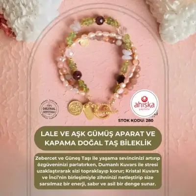 Sertifikalı Lale ve Aşk Charmlı Gümüş Aparat ve Kapama Doğal Taş Bileklik (SK280) - Doğal Taş (1)