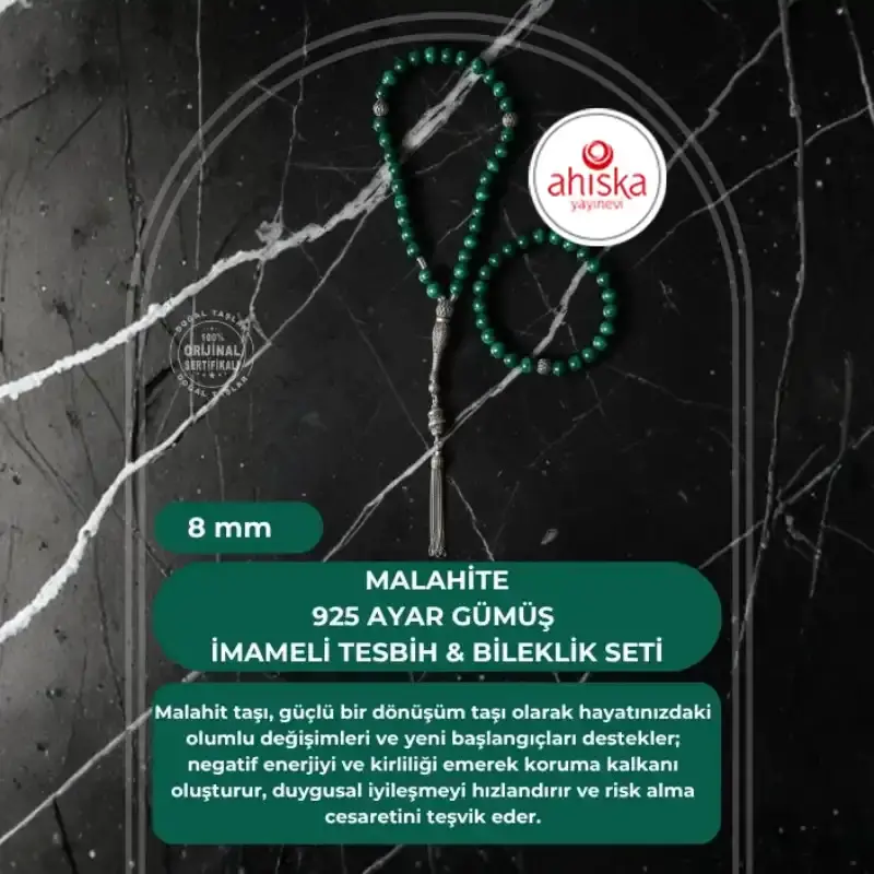 Sertifikalı Malahite 925 Ayar Gümüş 8 mm İmameli Tesbih & Bileklik Seti - 2