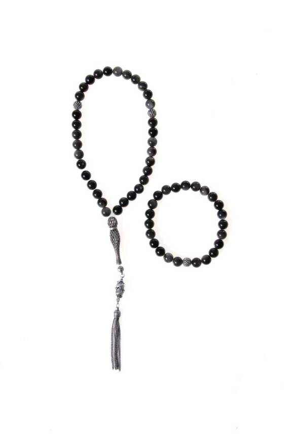 Sertifikalı Obsidyen 925 Ayar Gümüş 8 mm İmameli Tesbih & Bileklik Seti - 1