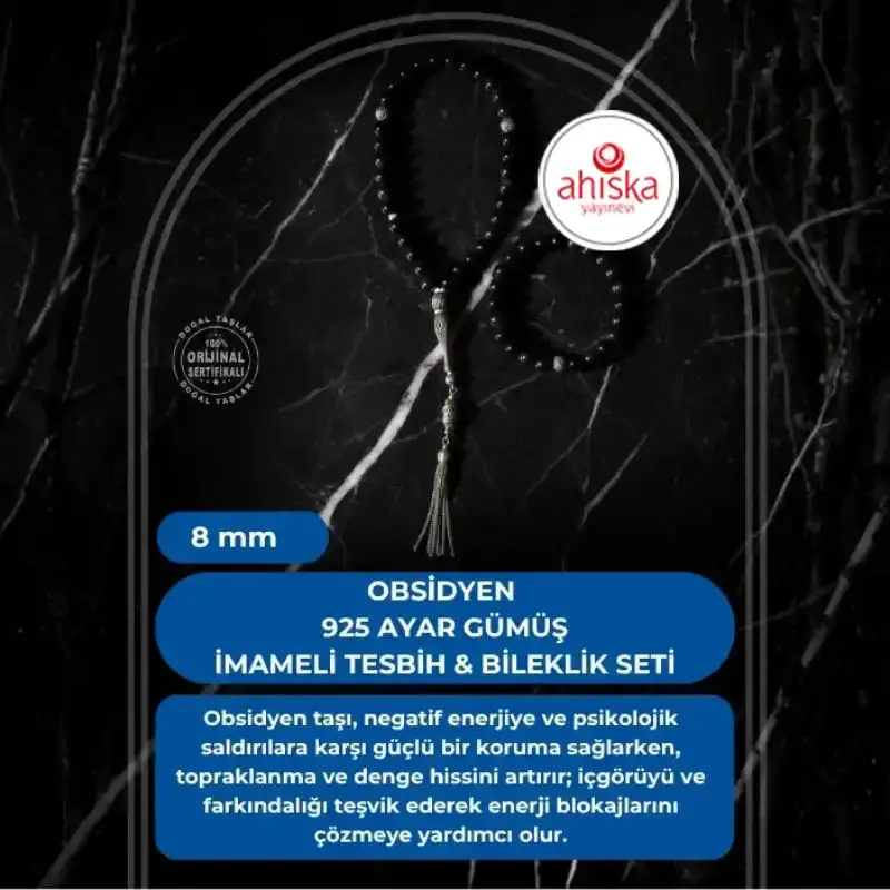 Sertifikalı Obsidyen 925 Ayar Gümüş 8 mm İmameli Tesbih & Bileklik Seti - 2