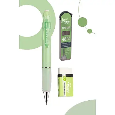 Serve Deep Elma Yeşili Okul Seti Uçlu Kalem + Uç + Silgi 0.7 mm 3 Lü Set - 1