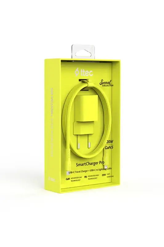 Ttec SmartCharger GAN 20 W PD Seyahat Hızlı Şarj Aleti + USB-C Lightning 120 cm Kablo Neon Sarı 2SCG20LNS - 1