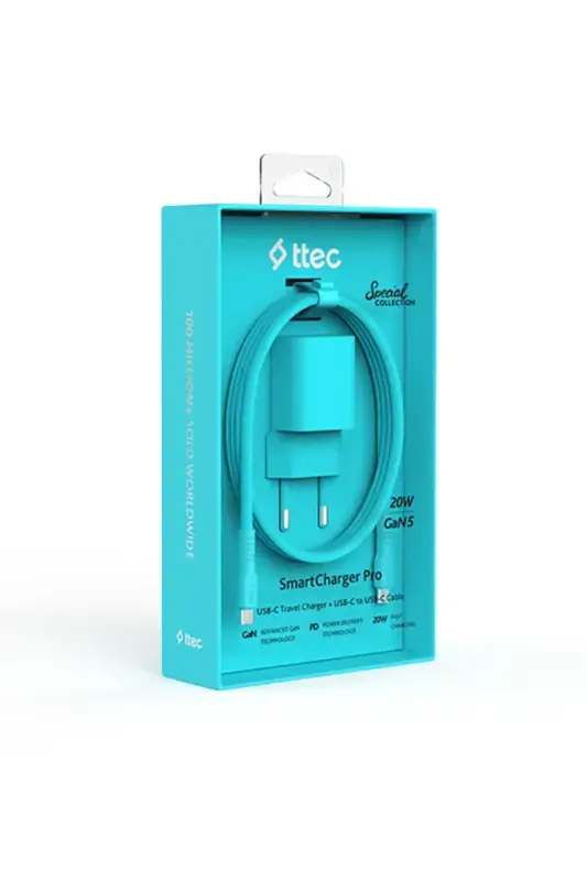 Ttec SmartCharger GAN 20 W PD Seyahat Hızlı Şarj Aleti + USB-C USB-C 3A Kablo Neon Mavi 2SCG20CNM - 1