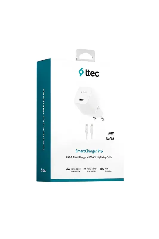 Ttec SmartCharger GAN 30 W PD Seyahat Hızlı Şarj Aleti + USB-C Lightning 150 cm Kablo Beyaz 2SCP03LB - 1
