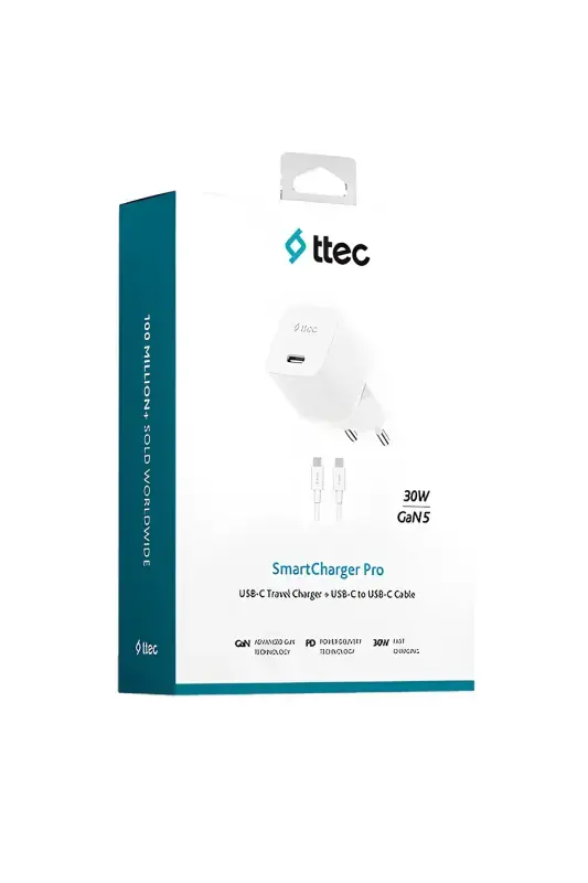 Ttec SmartCharger GAN 30 W PD Seyahat Hızlı Şarj Aleti + USB-C USB-C 3A Kablo Beyaz 2SCP03CB - 1